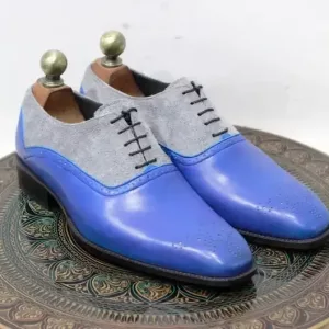 New Handmade Leather Oxford Gray Blue lace up Brogue shoes, Men stylish Formal Shoes