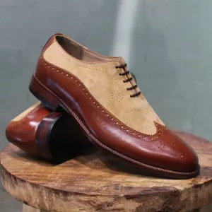 New Handmade Brown Leather & Suede Wing Tip Style Dress / Formal shoes, Men's stylish Lace Up Shoes