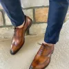 bespoke men handmade brown leather oxford shoes, men dress up formal wear shoe, mens lace up brogue style oxford shoe.