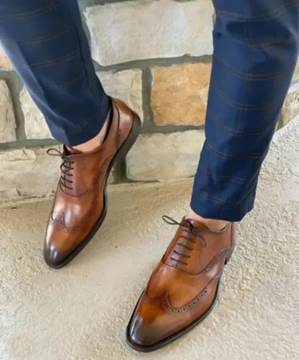 bespoke men handmade brown leather oxford shoes, men dress up formal wear shoe, mens lace up brogue style oxford shoe.