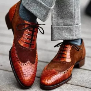 Men's Handmade Tan Crocodile & Brown Suede Lace up Wingtip Two Tone Formal Oxford Shoes