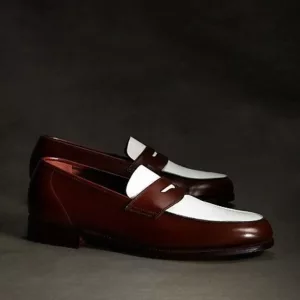 Men's Handmade White and Dark Brown Leather Penny Loafer shoe ,Men's Slip on's Dress up shoe,