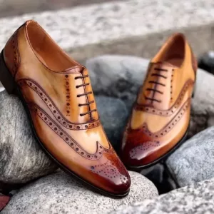 Men's Handmade Leather Brown Brogue Shoes, Formal Dress Shoes, Men Wingtip Lace Shoes,