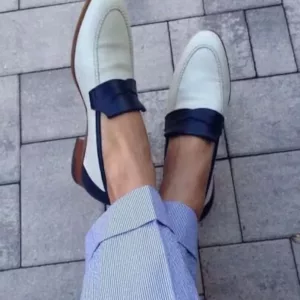 Handmade Two tone Formal Shoes, Men white and blue leather moccasins Penny loafers