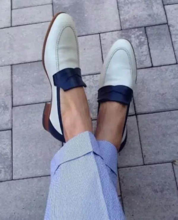 Handmade Two tone Formal Shoes, Men white and blue leather moccasins Penny loafers