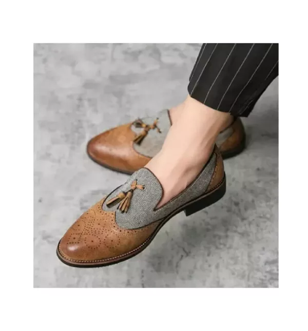 Handmade dress tweed shoes, leather wingtip brogue shoes, formal shoes for men