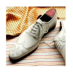 White Men Oxford Brogue Wingtip Real Leather Handmade Formal Dress Classic Shoes