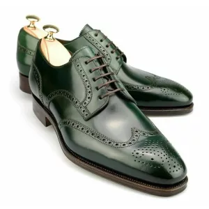 Men's Handmade Wingtip Brogue Green Genuine Leather Oxford Dress Shoes