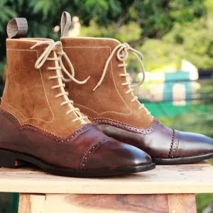 Men's Handmade Brown Leather Suede Boots, Mens Cap Toe Ankle High Boots