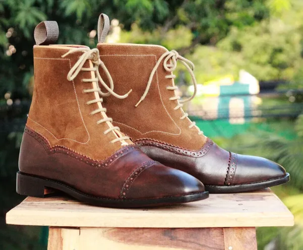 Men's Handmade Brown Leather Suede Boots, Mens Cap Toe Ankle High Boots