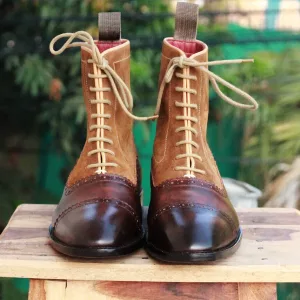 Men's Handmade Brown Leather Suede Boots, Mens Cap Toe Ankle High Boots