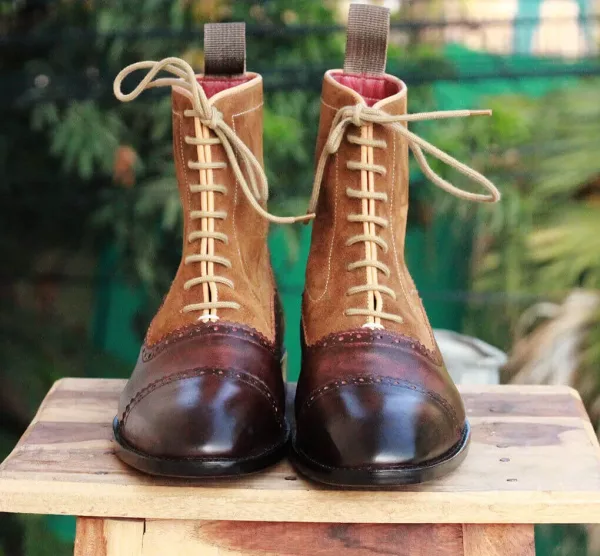 Men's Handmade Brown Leather Suede Boots, Mens Cap Toe Ankle High Boots