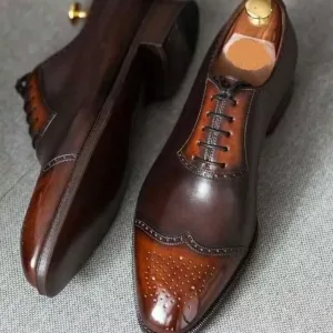 Men's handmade two tone brown leather formal lace-up oxford shoes