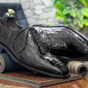 Men,s Handmade Pure Black Crocodile Texture Leather Shoes, Formal Dress Shoes