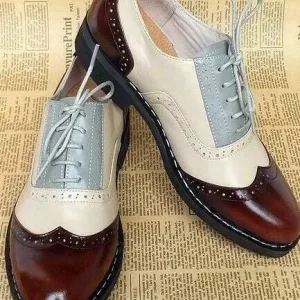 Men's Handmade Three Tone Brown,White&Grey Leather Oxford Wingtip Shoes