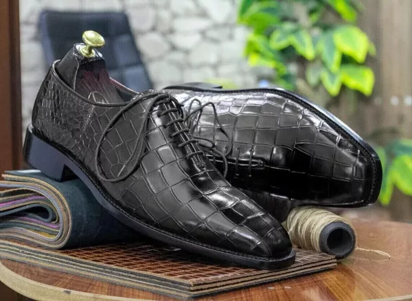 Men,s Handmade Pure Black Crocodile Texture Leather Shoes, Formal Dress Shoes