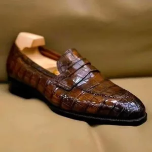 Men's Handmade Genuine Leather Alligator Pattern Slip On Shoes