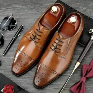 Men,s Handmade Oxford Style Tan Leather Toe Cap Lace-up Formal Drees Shoes