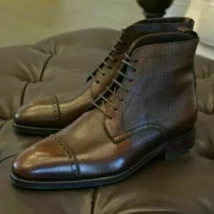 Men's Handmade Brown Leather Ankle High Cap-Toe Chukka Boots