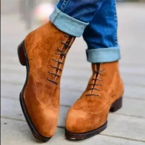 Handmade Men's Tan Color Suede Lace up Ankle Boot, Men Wingtip Boots