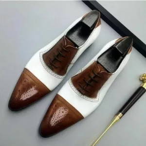 Men's Handmade Two Tone Brown & White Leather Derby Lace Up Formal Shoes