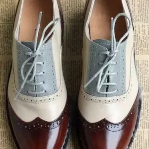 Men's Handmade Three Tone Brown,White&Grey Leather Oxford Wingtip Shoes