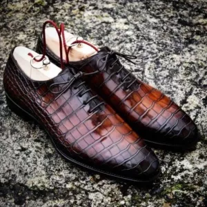 Men's Handmade Brown Crocodile Texture Lace up Dress / Formal Oxford shoes,