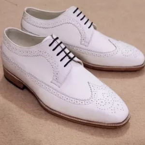 Men's White Leather Wingtip Oxford Lace-up Shoes