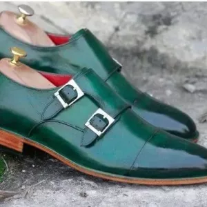 Men's Double Monk Strap Green Leather Shoes