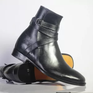 Men's Handmade Ankle High Black Leather Boots, Men Jodhpurs Boots