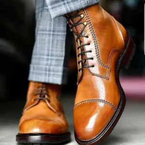 Men's Handmade Tan Leather Ankle Boots, Men's Oxford Toe Cap Lace Boots