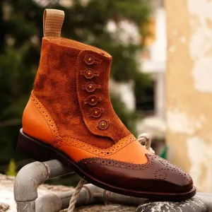 Handmade Two Tone Brown Colour Suede and Leather Button Boots For Men, Men's Ankle High Boots,