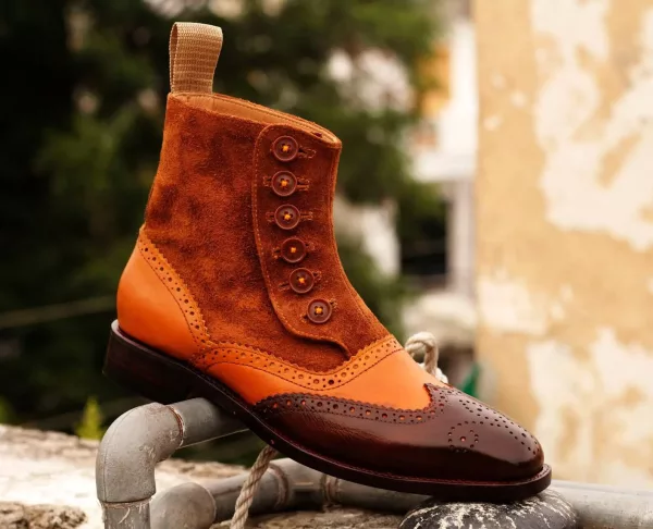 Handmade Two Tone Brown Colour Suede and Leather Button Boots For Men, Men's Ankle High Boots,