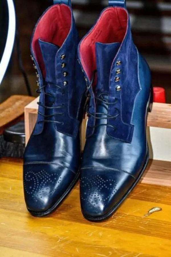 Handmade Men Two tone ankle boots, Men blue leather and suede lace up dress boot