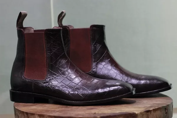 Handmade Leather Brown Crocodile Textured Leather Chelsea High Anklel Boots, Men's Shaded Boots