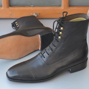 Handmade Men's Black Color Cap Toe Pure Leather Lace Up Ankle High Boots,