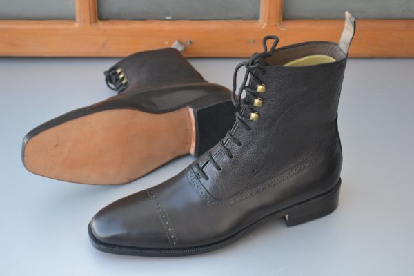 Handmade Men's Black Color Cap Toe Pure Leather Lace Up Ankle High Boots,