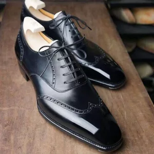 Bespoke Handmade Black Leather Oxford Lace Up Wingtip Shoes