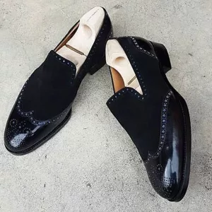 Bespoke Goodyear Welted Black Leather, Suede Slip On Wingtip Brogue Formal Shoes