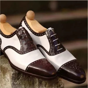 Bespoke Handcrafted Brown & White Leather Oxford Lace Up Toe Cap Gentlemen Shoe