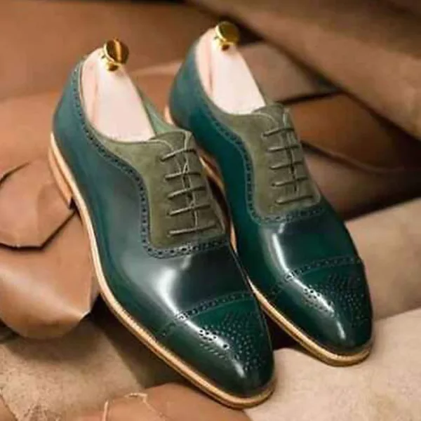 Tailor Made Green Leather Suede Cap Toe Brogue Oxford Lace up Men's Shoes