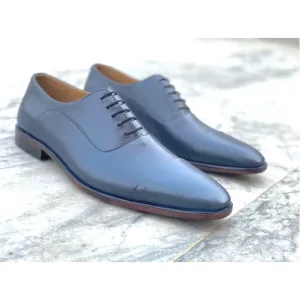 Handmade Men Blue Leather Oxford Formal Dress Shoes