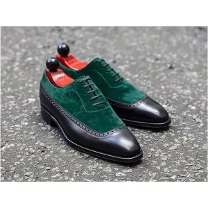 Pure Handmade Genuine Black Leather and Green Suede Shoe, Oxford Lace up cap toe