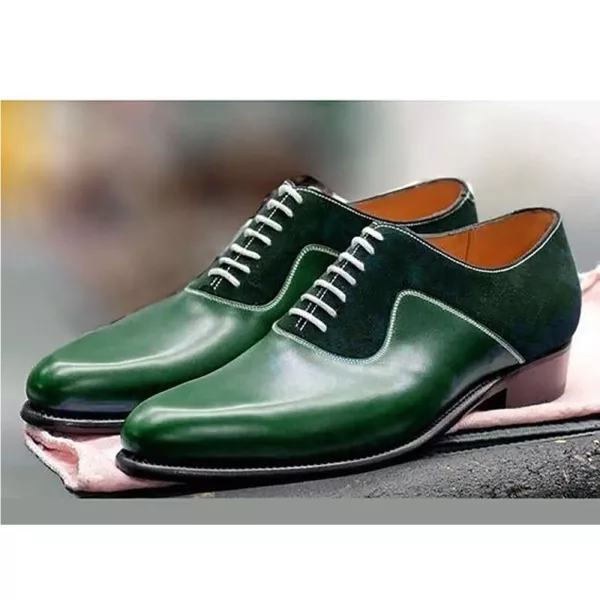 Pure Handmade Genuine Green Leather and Suede Shoe, Oxford Lace up Dress Shoes