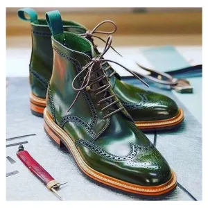 Handmade Men's Green Italian Leather Lace up Wingtip Brogue Ankle Boots