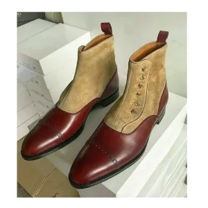 Handmade Two Tone Button Style Boots For Men Bran Red & Beige Ankle Boots