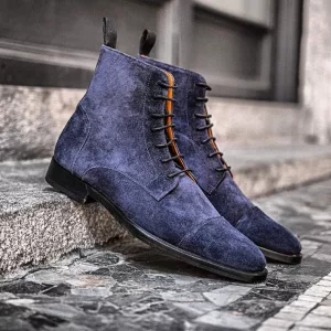 Men's Handmade Blue Suede Lace boots, Men Suede and leather ankle boots