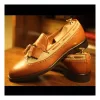 Handmade Men's Tan Leather and Beige Suede Loafer Moccasin Tassels Shoes