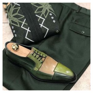 Handmade Men's Genuine Beige and Green Leather Derby Lace up Toe cap Dress Shoes