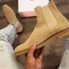 New Men’s Beige High Ankle Chelsea Business Boots, Real Suede Dress Boots